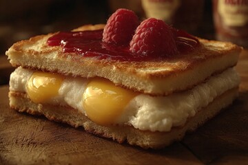 Belgian waffles with whipped cream strawberry topping and powdered sugar served on dark plate rustic warm styling evokes indulgent breakfast in cozy dessert setup food image