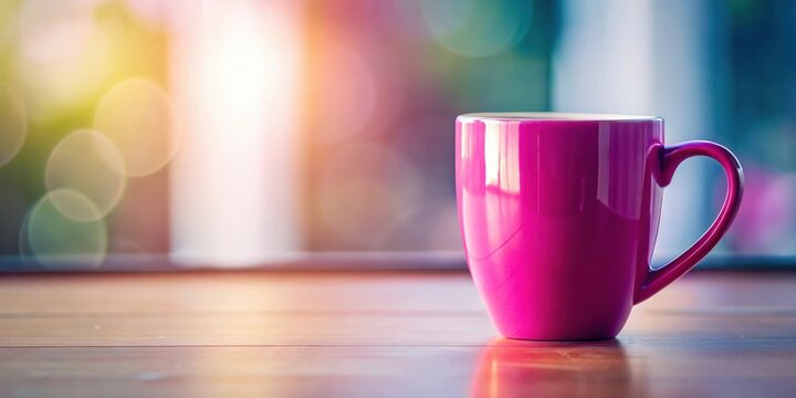 A vibrant fuchsia mug rests on a polished wooden surface, bathed in the warm glow of morning sunlight streaming through a nearby window.