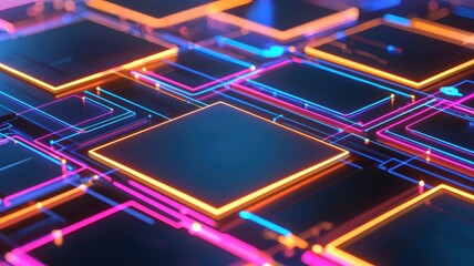 Immersive workspace concept with glowing floating interfaces, ethereal lighting, abstract neon tones, 3D illustration. , closes up