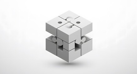 Illustrate a vector logo where a 3D cube is divided into smaller cubic sections, resembling a puzzle. Use alternating colors (e.g., white and light gray) to highlight the segmented structure. Add soft