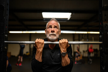 Naklejka premium An elderly man is preparing to do pull-ups at the gym, showing strength and determination in his fitness journey.