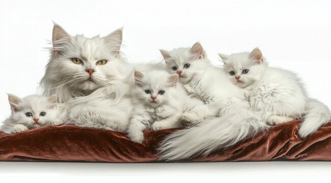 Affectionate white Persian cat mother with adorable fluffy kittens resting peacefully on a soft velvet cushion