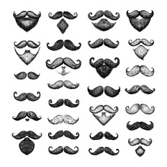 Mustache engraving vector set. Men gentlemen hipsters barbers beards facial hair curls, retro vintage shapes isolated vectors on white background