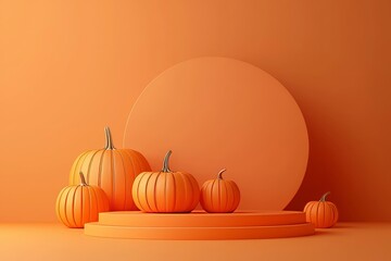 An abstract podium is the stage for a dynamic display consisting of a 3D pumpkin on a vibrant orange backdrop