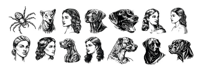 Obraz premium Old school tattoo flashes engraving vector set. beautiful woman head classic portraits, dogs pet avatars spiders insects designs drawings, isolated on white background