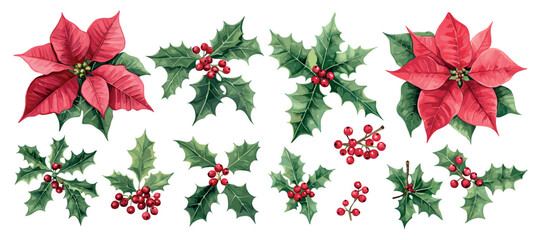 Poinsettia flowers and blossoms watercolor vector set. Red festive berries leaves green petals bright bush holly plant, isolated on white background