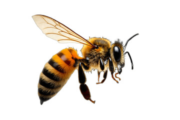 Stunning honeybee mid-flight. Macro shot isolated on white background. Perfect for nature, spring, environmental, or pollination projects. Isolated on transparent background.