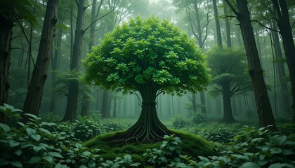 Naklejka premium Enchanting Mystical Forest Tree: Lush Green Nature Wallpaper