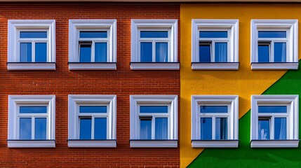 Fototapeta premium Colorful Urban Building Facade with Geometric Windows and Contrasting Yellow and Green Sections