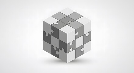 Illustrate a vector logo where a 3D cube is divided into smaller cubic sections, resembling a puzzle. Use alternating colors (e.g., white and light gray) to highlight the segmented structure. Add soft