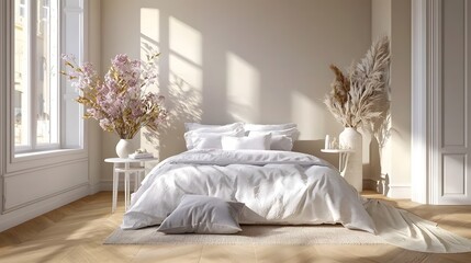 Bright Minimalist Bedroom Interior with Sunlight and Floral Décor in a Serene Environment