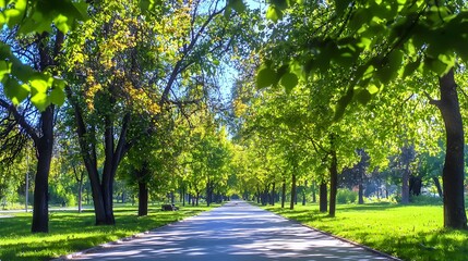 Obraz premium Sunlit Tree-Lined Pathway Through a Lush Green Park in Summer with Vibrant Foliage