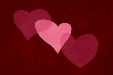 Hearts in soft hues dance on a deep red backdrop with warmth and charm