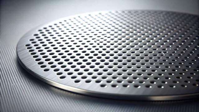 Close-up of a circular metallic plate with a pattern of precisely drilled holes, showcasing industrial design and manufacturing precision.