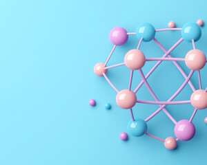 Obraz premium Colorful molecular structure on blue background, showcasing minimalist design with spheres and connections, evoking curiosity
