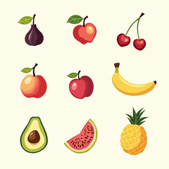 Fruit doodles. Natural fruits set. Pomegranate, lemon, peach, pineapple, pear, apple, banana, strawberry isolated background. Hand drawn, organic fruits. Modern colorful trendy vector illustration.	