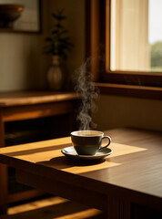 A coffee cup steaming by the window