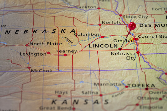 Colorful tourist location map with red stick pin at Lincon, Nebraska, USA and the surrounding area