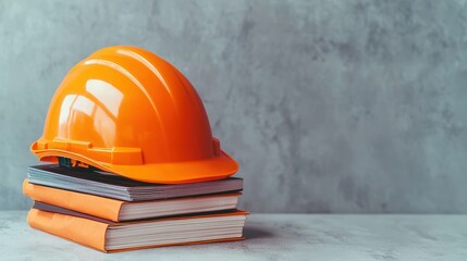 An orange hard hat rests atop a stack of books against a textured background, symbolizing safety and knowledge in construction or engineering contexts.
