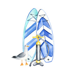 Fototapeta premium two watercolor inflatable paddleboards, blue and white colors, pump, seabird, hand drawn illustration of bright stand up paddle board, SUP and equipment, sketch of summer vacation on water, sea, ocean