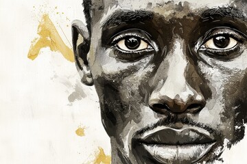 Portrait of an African male in an artistic style, set against a white backdrop with painterly qualities