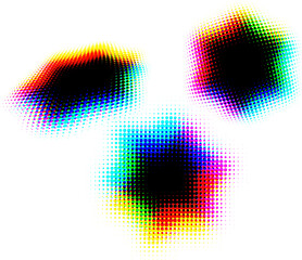 Set of halftone rainbow polka dot hexagons. Spectrum shift. Vector.