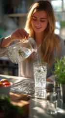 a girl pours water into a glass