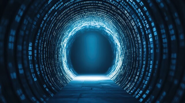A futuristic, illuminated tunnel with binary code patterns, creating a digital atmosphere that suggests technology and innovation.