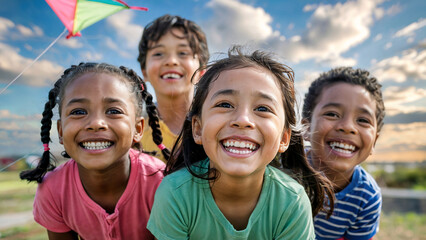 Fototapeta premium Diverse kids beam as they fly kites, their faces bright against a windy, colorful sky.