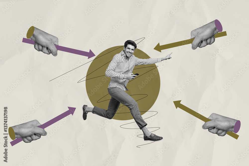 Poster Picture metaphor collage of businessman running fast with using cell smart phone with arrows pointing him