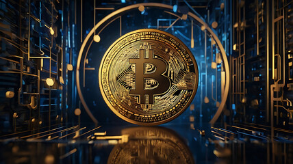 Fototapeta premium A golden coin of Bitcoin. Crypto investment concept image.