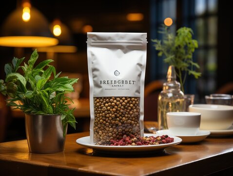 Eco-friendly compostable coffee bag with plant-based lining placed on a wooden table with scattered coffee beans and a minimalist label saying 100% biodegradable, reflecting a sustainable lifestyle.