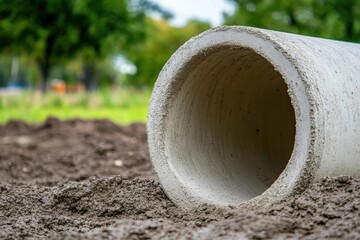 A large concrete pipe lies on a pile of dirt, ready for installation in a construction site.