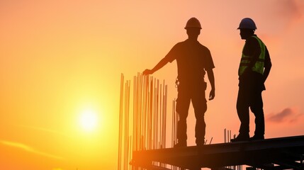 Fototapeta premium Workers silhouetted against a sunset, discussing construction on a building site, emphasizing teamwork and progress in the construction industry.