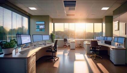 Bright office for emergency medicine pros with stunning sunset views and a calm atmosphere.