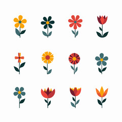 Flowers flat icons. Color vector illustration. Different flowers with green leaves vector illustration. Logo symbols for ui design and business promotion	