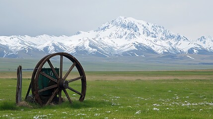 Fototapeta premium Snowy Mountains, Rusty Wheel, Open Field