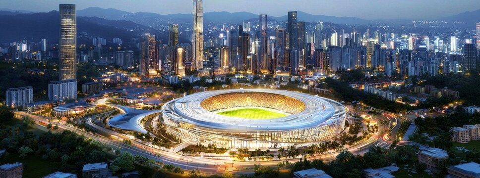 Be a part of the electrifying experience offered by a sports arena aglow with neon, set against the backdrop of a futuristic cityscape with a bold and dynamic design