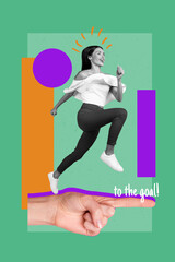 Retro collage of young excited girl run fast on big finger point purple color background