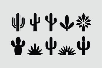 Cactus silhouettes set isolated flat vector illustration on white background.
