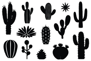 Cactus silhouettes set isolated flat vector illustration on white background.