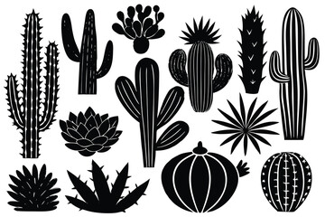 Cactus silhouettes set isolated flat vector illustration on white background.