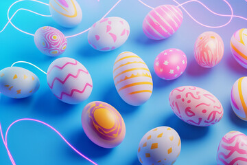 Obraz premium A vibrant assortment of decorated Easter eggs lies on a bright blue surface, showcasing various patterns and colors that celebrate spring festivities and creativity