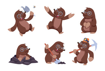 Mole animal. Cartoon mascot wild mole animal in action poses walking jumping working exact vector character