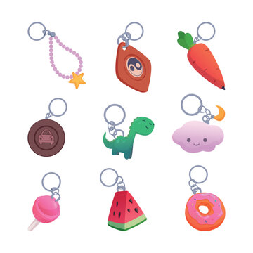 Trinket. Keychains for backpack stylish decorative feathers and different bag accessories exact vector fashion elements for key