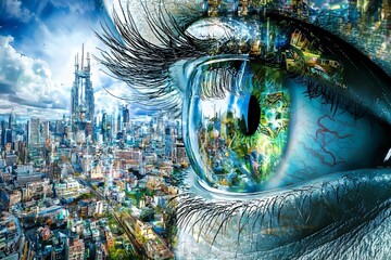 A futuristic eye displays a hologram of a city's layout, representing forward-thinking urban design