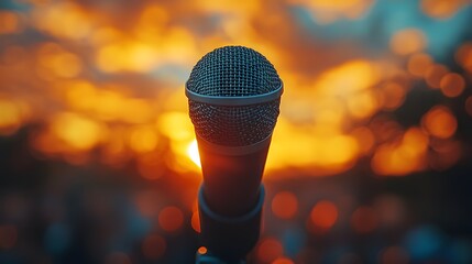 A bright composition featuring a journalist raising a microphone toward the sky hopeful symbolism