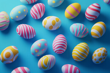 Obraz premium Brightly colored eggs are scattered across a vibrant blue surface, showcasing various patterns including stripes, dots, and swirls. This cheerful arrangement embodies the spirit of spring festivities