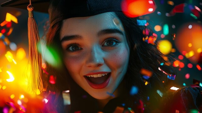 A futuristic scene with neon lights and vibrant colors depicts students celebrating their academic degree through digital rendering, highlighting high-tech educational success