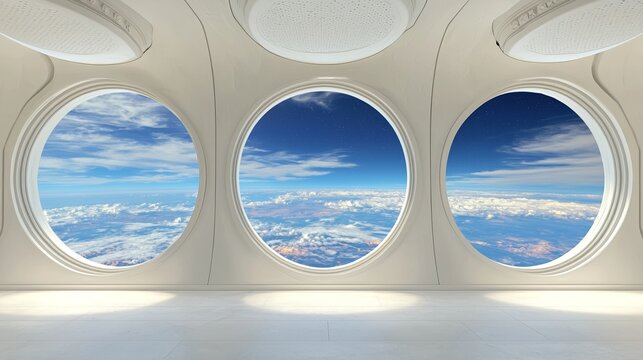 The interior of a futuristic white space station, rendered in 3D, with a window that looks out onto space and planets